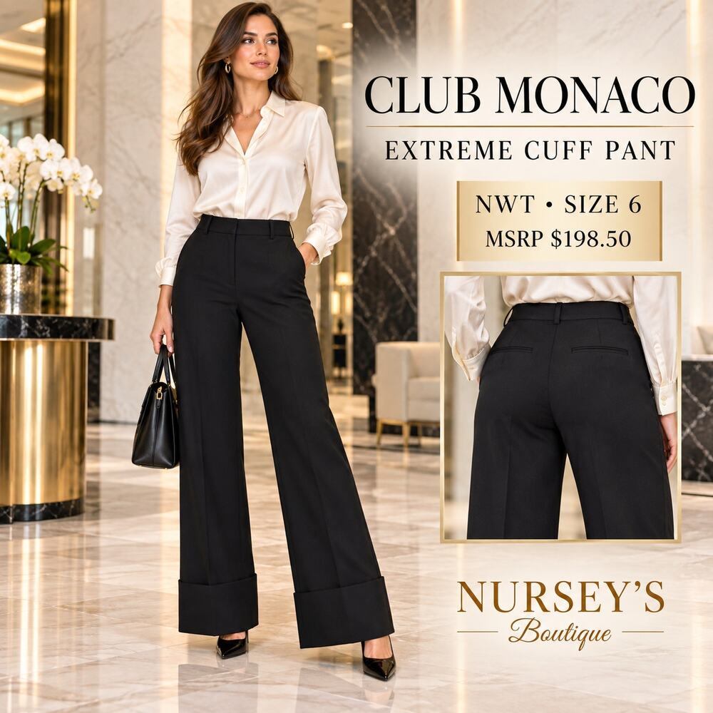 NWT Club Monaco Extreme Cuff Black Wide Leg Pants Women’s 6 $198